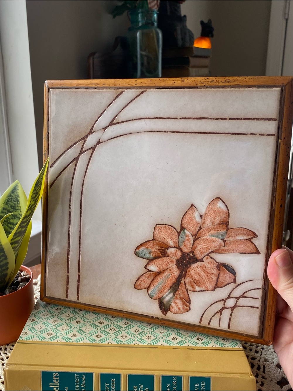 Vintage Floral Ceramic Tile Art in Warm Terracotta and Cream 1970’s